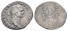 Domitian, as Caesar (AD 69-81). AR Cistophorus.IMP CAES DOMITIAN AVG P M COS VIII; laureate head of Domitian, right / legionary eagle between two stan...