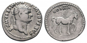 DOMITIAN.81-96 AD.Rome mint.AR Denarius.CAESAR AVG F DOMITIANVS, head of Domitian, laureate, right / COS IIII, Pegasus standing right, left foreleg ra...
