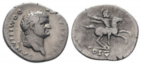 DOMITIAN.81-96 AD.Rome mint.AR Denarius .CAESAR AVG F DOMITIANVS: Head of Domitian, laureate, right / COS V: Horseman, helmeted, in military dress, cl...