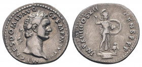 DOMITIAN.81-96 AD.Rome mint.AR Denarius.MP CAES DOMIT AVG GERM P M TR P VI, head of Domitian, laureate, right / IMP XIIII COS XII CENS P P P, Minerva ...