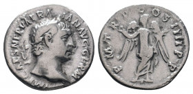 TRAJAN.98-117 AD.Rome mint.AR Denarius.IMP CAES NERVA TRAIAN AVG GERM Laureate head right / PM TRP COS IIII PP Victoria standing right, foot on helmet...