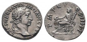TRAJAN.98-117 AD.Rome mint.AR Denarius.IMP CAES NERVA TRAIAN AVG GERM: Head of Trajan, laureate, right / P M TR P COS IIII P P: Vesta, veiled, draped,...