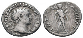 TRAJAN (98-117). Denarius. Rome.

Obv : IMP CAES NERVA TRAIAN AVG GERM.
Bust of Trajan, laureate, right.
Rev : P M TR P COS IIII P P.
Mars, helmeted, ...