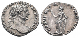 TRAJAN.98-117 AD.Rome mint.AR Denarius.I.IMP TRAIANO AVG GER DAC P M TR P: Bust of Trajan, laureate, draped on left shoulder, right / COS V P P S P Q ...