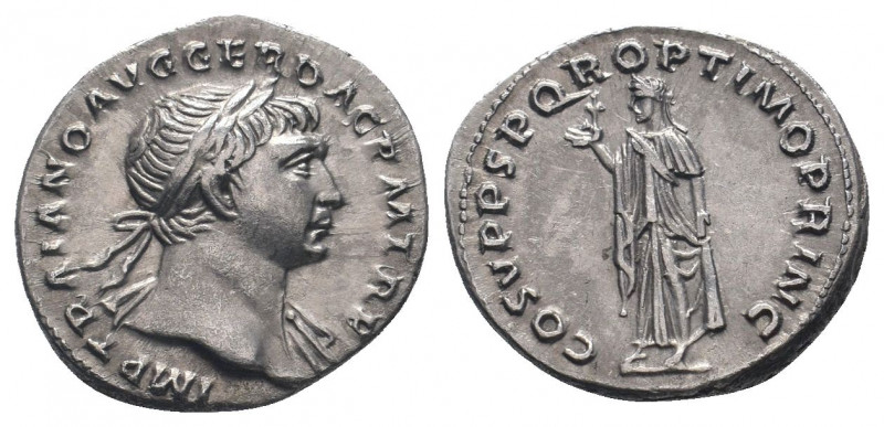 TRAJAN.98-117 AD.Rome min.AR Denarius.IMP TRAIANO AVG GER DAC P M TR P, laureate...