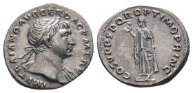 TRAJAN.98-117 AD.Rome min.AR Denarius.IMP TRAIANO AVG GER DAC P M TR P, laureate bust right, drapery on far shoulder / COS V P P SPQR OPTIMO PRINC, Sp...