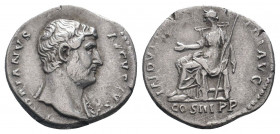 HADRIAN. 117-138 AD.Rome mint. AR Denarius.HADRIANVS AVGVSTVS, Head of Hadrian, right / INDVLGENTIA AVG // COS III P P (in exergue): Indulgentia seate...