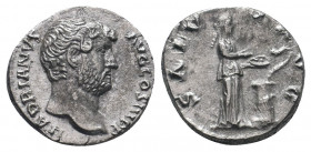HADRIAN. 117-138 AD.Rome mint. AR Denarius.HADRIANVS AVG COS III P P, bare head of Hadrian right / SALVS AVG, Salus standing right, feeding from pater...