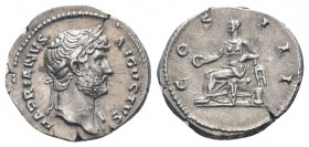 HADRIAN. 117-138 AD.Rome mint. AR Denarius.HADRIANVS AVGVSTVS, laureate bust right, slight drapery on far shoulder / COS III, Concordia seated left on...