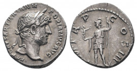 HADRIAN. 117-138 AD.Rome mint. AR Denarius.IMP CAESAR TRAIAN HADRIANVS AVG, laureate head right / P M TR P COS III, Roma standing facing, head left, h...