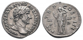 HADRIAN. 117-138 AD.Rome mint. AR Denarius.IMP CAESAR TRAIAN HADRIANVS AVG Laureate head of Hadrian right, with drapery on his far shoulder / PM TRP C...