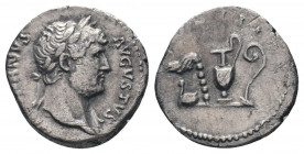 HADRIAN. 117-138 AD.Rome mint. AR Denarius.HADRIANVS AVGVSTVS, laureate head right, slight drapery at shoulder / COS III, simpulum, aspergillum, jug a...