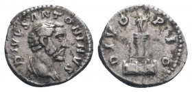 DIVUS ANTONINUS PIUS (Died 161). Denarius. Rome.

Obv: DIVVS ANTONINVS.
Bareheaded bust right, with slight drapery.
Rev: DIVO PIO.
Column of Antoninus...