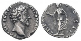 MARCUS AURELIUS.161-180 AD.Rome Mint.AR Denarius.AVRELIVS CAESAR AVG PII F: Head of Marcus Aurelius, bare, right. / TR POT COS II: Spes, draped, advan...