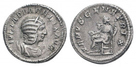 JULIA DOMNA (Augusta, 193-211). Antoninianus. Rome.

Obv: IVLIA PIA FELIX AVG.
Diademed and draped bust right, set on crescent.
Rev: VENVS GENETRIX.
V...