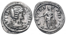 JULIA DOMNA (193-217 AD). Denarius. Rome.

Obv : IVLIA AVGVSTA.
Bust of Julia Domna, hair waved and coiled at back, draped, right.

Rev : VESTAE SANCT...