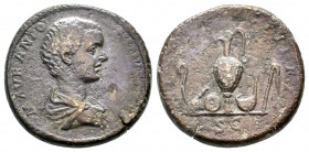 CARACALLA As Caesar (196-198 AD). Ae. Sestertius. 
Obv: Bare-headed and draped bust right. 
Rev: Pontifical and augural implements: lituus, knife, pat...