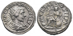 ELAGABALUS (218-222). Denarius. Rome.IMP CAES ANTONINVS AVG, radiate, draped bust right / PM TR P II COS II PP, Roma seated left on throne, holding sm...