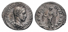 SEVERUS ALEXANDER (222-235). Denarius. Rome.

Obv: IMP C M AVR SEV ALEXAND AVG.
Laureate and draped bust right.
Rev: PAX AETERNA AVG.
Pax standing fac...