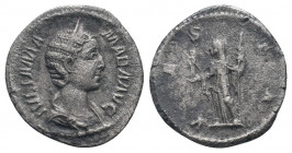 JULIA MAMAEA (Augusta, 222-235). Denarius. Rome.IVLIA MAMAEA AVG: Bust of Julia Mamaea, diademed, right / VESTA: Vesta, veiled, draped, standing left,...