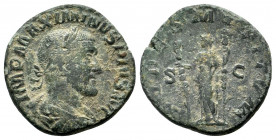 MAXIMINUS I.235-238.Rome mint. AE Sestertius. IMP MAXIMINVS PIVS AVG, bust of Maximinus I, laureate, draped, cuirassed, right / FIDES MILITVM S C, Fid...