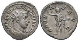 GORDIAN III.238-244 AD.Antioch mint.AR Antoninianus.IMP GORDIANVS PIVS FEL AVG, bust of Gordian III, radiate, cuirassed, seen from behind, right / ORI...