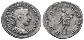GORDIAN III.238-244 AD. Rome mint.AR Antoninianus.IMP GORDIANVS PIVS FEL AVG, bust of Gordian III, radiate, draped, cuirassed, right / P M TR P III CO...