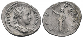 GORDIAN III.238-244 AD. Rome mint.AR Antoninianus.IMP CAES M ANT GORDIANVS AVG: Bust of Gordian III, radiate, draped, cuirassed, right / PAX AVGVSTI: ...