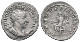 GORDIAN III.238-244 AD. Rome mint.AR Antoninianus.IMP GORDIANVS PIVS FEL AVG, bust of Gordian III, radiate, draped, cuirassed, right / CONCORDIA MILIT...