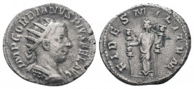 GORDIAN III.238-244 AD.Antioch mint.AR Antoninianus.IMP GORDIANVS PIVS FEL AVG, bust of Gordian III, radiate, draped, cuirassed, right / FIDES MILITVM...