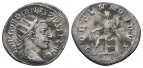 GORDIAN III.238-244 AD. Rome mint.AR Antoninianus.IMP GORDIANVS PIVS FEL AVG, Bust of Gordian III, radiate, draped, cuirassed, right / FORTVNA REDVX, ...