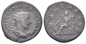 GORDIAN III (238-244). Antoninianus. Rome.

Obv : IMP GORDIANVS PIVS FEL AVG.
Radiate draped and cuirassed bust right.

Rev : FORT REDVX.
Fortuna seat...
