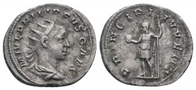 PHILIP II.244-246 AD.Rome Mint.AR Antoninianus.M IVL PHILIPPVS CAES,bust of Philip II, radiate, draped, cuirassed, right / PRINCIPI IVVENT, Philip II,...