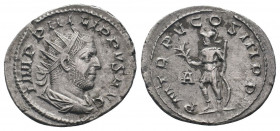 PHILIP I.244-249 AD.Rome Mint.AR Antoninianus.IMP PHILIPPVS AVG: Bust of Philip the Arab, radiate, draped, cuirassed, right / P M TR P V COS III P P: ...