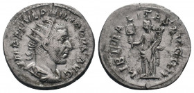 PHILIP I.244-249 AD.Rome Mint.AR Antoninianus.IMP M IVL PHILIPPVS AVG, / LIBERALITAS AVGG II, Liberalitas, draped, standing left, holding abacus in ri...