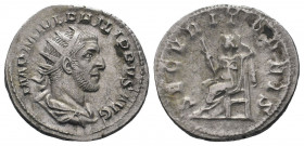 PHILIP I.244-2497 AD.Rome Mint.AR Antoninianus.IMP M IVL PHILIPPVS AVG, bust of Philip the Arab, laureate, draped, cuirassed, right / SECVRIT ORBIS, S...