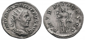 PHILIP I.244-249 AD.Rome Mint.AR Antoninianus.IMP PHILIPPVS AVG: Bust of Philip the Arab, radiate, draped, cuirassed, right / P M TR P III COS P P: Fe...