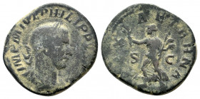 PHILIP II.247-249 AD.Rome mint.AE Sestertius. IMP M IVL PHILIPPVS AVG, laureate, draped, and cuirassed bust right / PAX AETERNA, Pax standing left, ho...