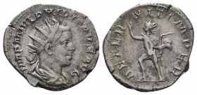 VALWERIAN I. A.D. 253-260. AR antoninianus. Antioch, A.D. 254/5. IMP C P LIC VALERIANVS AVG, radiate and draped bust of Valerian I right / VICTOR-IAE ...