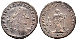 DIOCLETIAN.284 – 305 AD. Aquileia mint.AE Follis.IMP DIOCLETIANVS P F AVG: Head of Diocletian, laureate, right / SACRA MONET AVG G ET CAESS NOSTER, Mo...