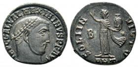 MAXIMINUS II.310-313 AD.Antioch mint.AE Follis. IMP C GAL VAL MAXIMIANVS P F AVG, laureate head right / SOLI INVICTO, Sol, radiate, standing left in l...