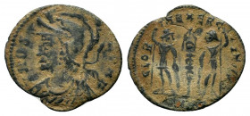 CONSTANTINE I THE GREAT (306-337). Commemorative Series. Follis. Heraclea.

Obv: VRBS ROMA.
Helmeted and mantled bust left.
Rev: GLORIA EXERCITVS / SM...