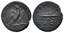 HADRIAN.117-138 AD.Rome Mint. AE Quadrans

Obv : IMP CAESAR TRAIAN HADRIANVS AVG; Eagle standing right, head left, wings spread
Rev : P M TR P COS III...