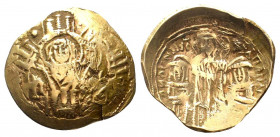 ANDRONICUS II PALAEOLOGUS with MICHAEL IX (1282-1328 AD). Hyperpyron. Constantinople.

Obv : MP - ΘV.
Bust of the Virgin orans within city walls with ...