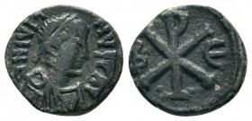 JUSTIN I. 512-518 AD, Constantinople.AE Pentanummium. DN IVSTINVS PP AVG, pearl diademed, draped, cuirassed bust right / large epsilon, officina lette...
