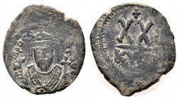 PHOCAS. 602-610 AD.Cyzicus mint.AE Half Follis.DN FOCA PERP AVG, crowned, mantled bust facing, holding mappa and cross / Large XX, cross above, regnal...