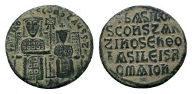 BASIL I THE MACEDONIAN with CONSTANTINE (867-886). Follis. Constantinople.

Obv: + ЬASILO S COҺST ЬASILIS.
Basil and Constantine seated facing on thro...