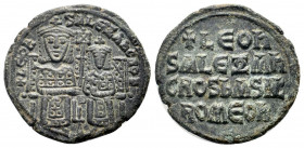 LEO VI with ALEXANDER. 886-912 AD.Constantinople mint.AE Follis. LEON S ALEXANDROS, Leo on left and Alexander on right, both crowned and wearing loros...