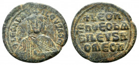 LEO VI.886-912 AD.Constantinople mint.AE Follis.+ LEOn bAS-ILEVS ROM, crowned bust of Leo facing, wearing chlamys, holding akakia in left hand / + LEO...