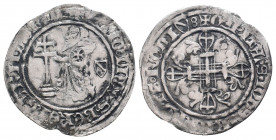 CRUSADERS, Knights of Rhodes (Knights Hospitaller). Hélion of Villeneuve. 1319-1346. AR Gigliato.
 
Obv: Grand Master kneeling left; patriarchal cross...